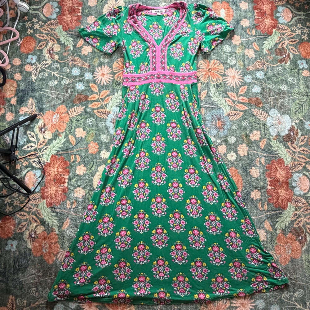 Boden Ellie Flutter Maxi Tea Dress Green Floral Pink Trim D0927 US 2R UK 6R - Picture 3 of 8